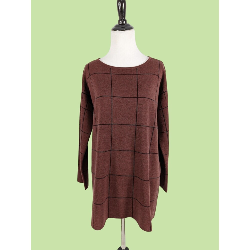 Eileen Fisher  Sweater XS 100% Merino Wool Windowpane‎  Brown Women's